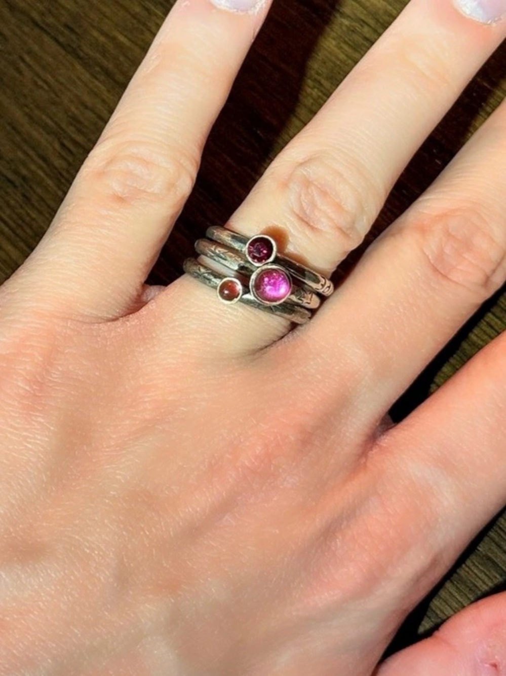Sterling Silver & Pink Gemstone Ring - set of three